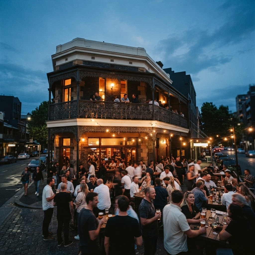 A heritage Australian corner pub at dusk, its terrace busy with locals under festoon lights