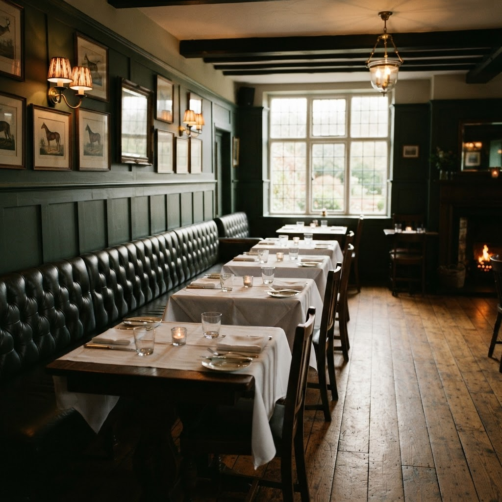 A heritage pub dining room with green wainscot walls and brass wall lights