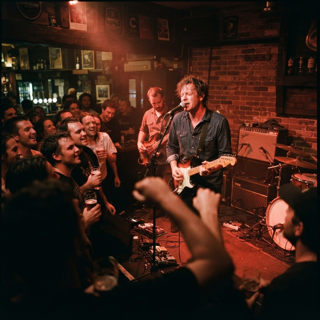 A band playing to a crowd in the front bar of a pub